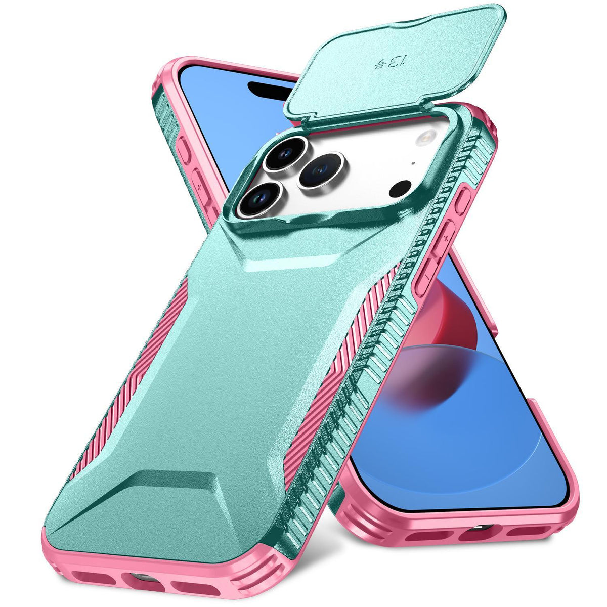 For iPhone 18 Pro / 18 Pro Sliding Camshield Phone Case - Pink + Grey Green - EDA006651723B
