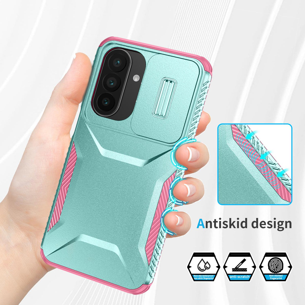 For Galaxy A27 5G Sliding Camshield Phone Case - Pink + Grey Green - EDA006652213B