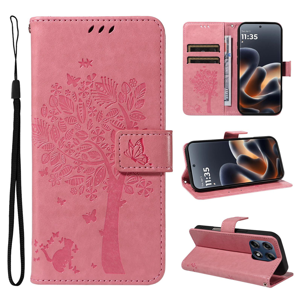 For Motorola Edge 70 Pro 5G Tree & Cat Embossed Pattern Flip Leather Phone Case - Pink - EDA006653315A