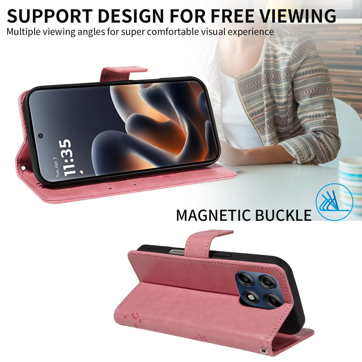 For Motorola Edge 70 Pro 5G Tree & Cat Embossed Pattern Flip Leather Phone Case - Pink - EDA006653315A