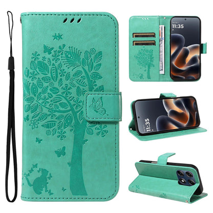 For Motorola Edge 70 Pro 5G Tree & Cat Embossed Pattern Flip Leather Phone Case - Green - EDA006653315B