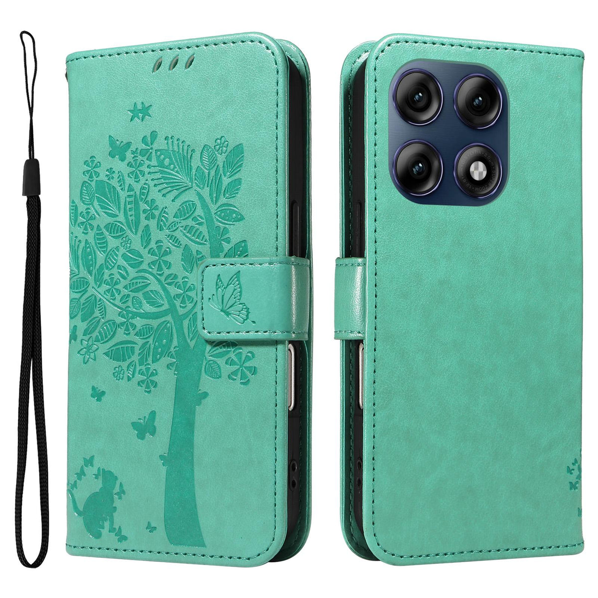 For Motorola Edge 70 Pro 5G Tree & Cat Embossed Pattern Flip Leather Phone Case - Green - EDA006653315B