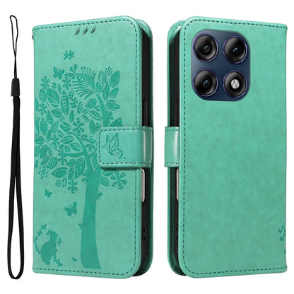 For Motorola Edge 70 Pro 5G Tree & Cat Embossed Pattern Flip Leather Phone Case - Green - EDA006653315B