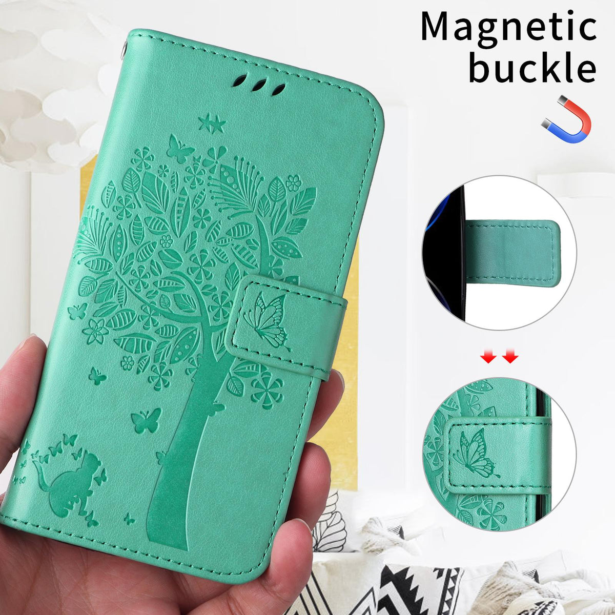 For Motorola Edge 70 Pro 5G Tree & Cat Embossed Pattern Flip Leather Phone Case - Green - EDA006653315B