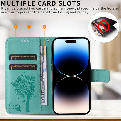 For Motorola Edge 70 Pro 5G Tree & Cat Embossed Pattern Flip Leather Phone Case - Green - EDA006653315B