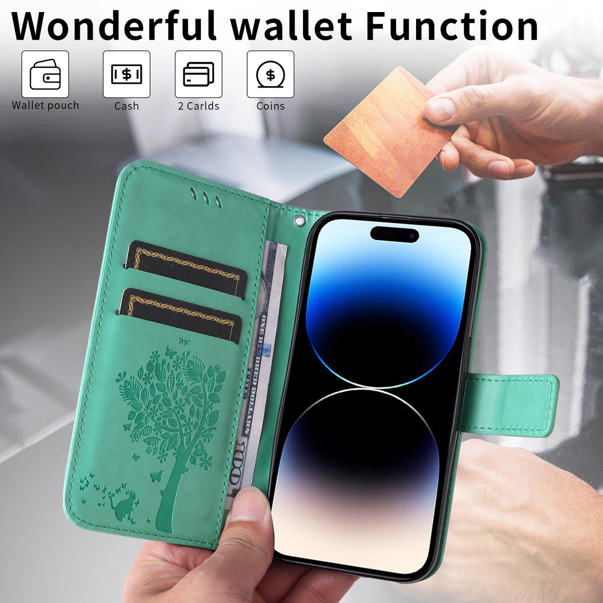 For Motorola Edge 70 Pro 5G Tree & Cat Embossed Pattern Flip Leather Phone Case - Green - EDA006653315B