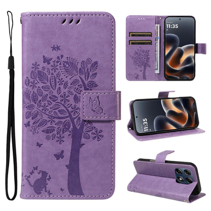For Motorola Edge 70 Pro 5G Tree & Cat Embossed Pattern Flip Leather Phone Case - Light Purple - EDA006653315C