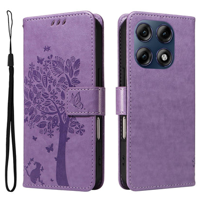 For Motorola Edge 70 Pro 5G Tree & Cat Embossed Pattern Flip Leather Phone Case - Light Purple - EDA006653315C