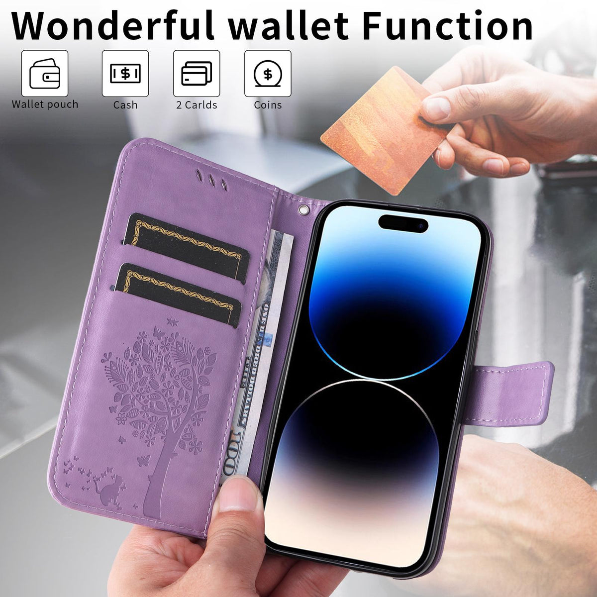 For Motorola Edge 70 Pro 5G Tree & Cat Embossed Pattern Flip Leather Phone Case - Light Purple - EDA006653315C