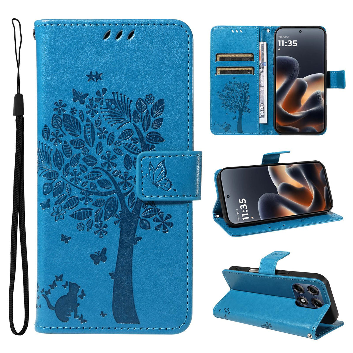 For Motorola Edge 70 Pro 5G Tree & Cat Embossed Pattern Flip Leather Phone Case - Blue - EDA006653315D