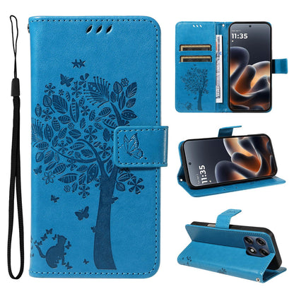 For Motorola Edge 70 Pro 5G Tree & Cat Embossed Pattern Flip Leather Phone Case - Blue - EDA006653315D