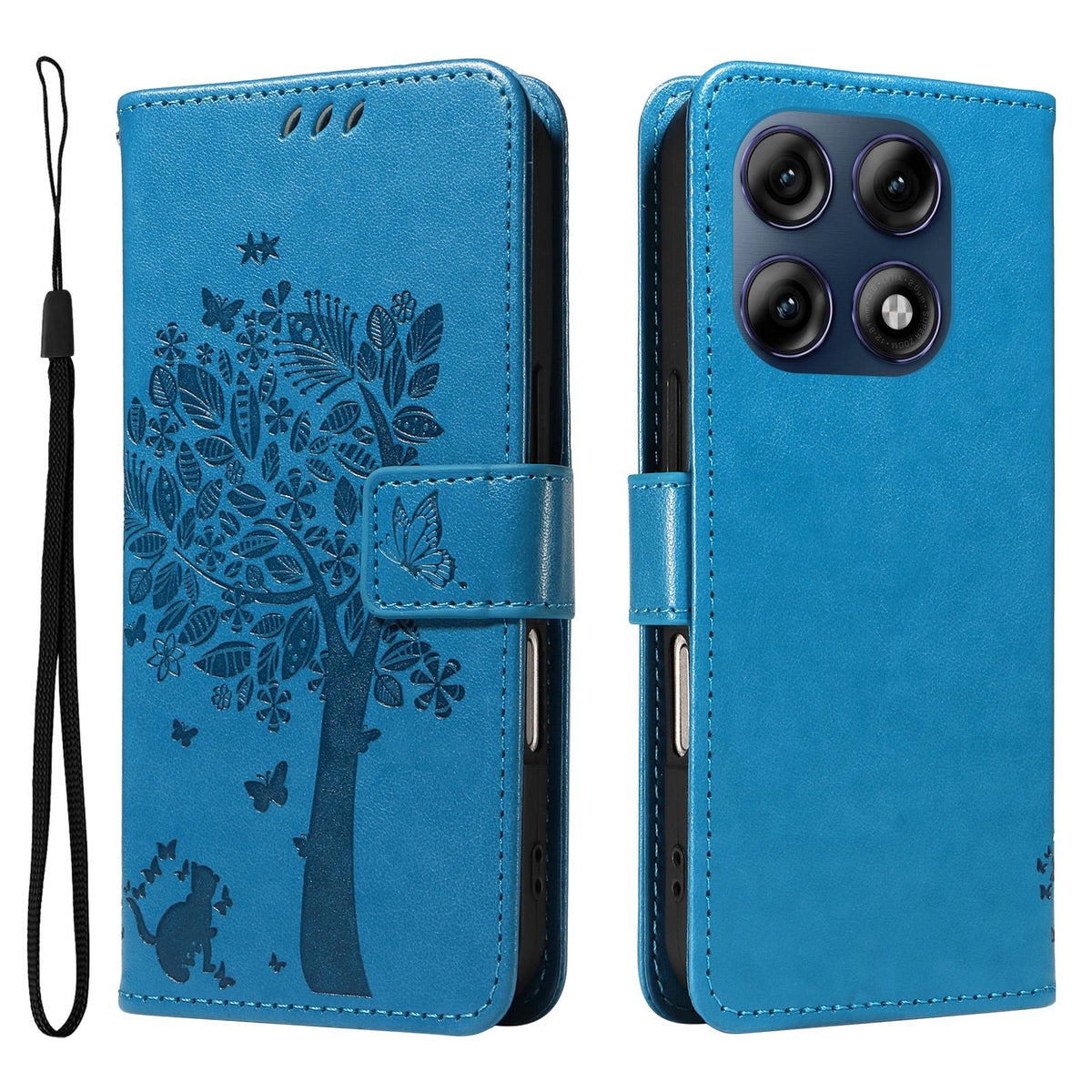 For Motorola Edge 70 Pro 5G Tree & Cat Embossed Pattern Flip Leather Phone Case - Blue - EDA006653315D
