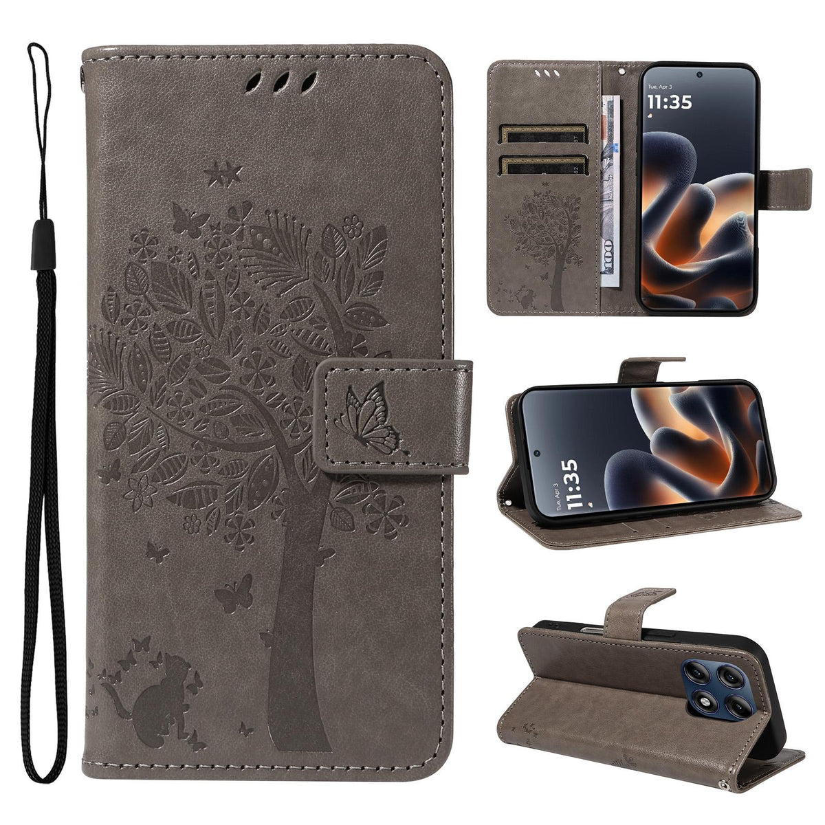 For Motorola Edge 70 Pro 5G Tree & Cat Embossed Pattern Flip Leather Phone Case - Grey - EDA006653315E