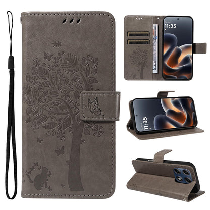 For Motorola Edge 70 Pro 5G Tree & Cat Embossed Pattern Flip Leather Phone Case - Grey - EDA006653315E
