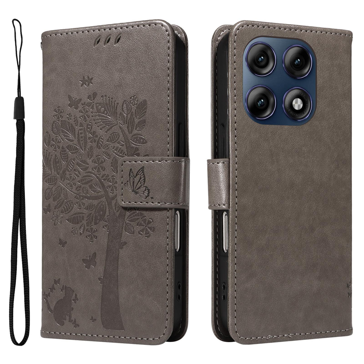 For Motorola Edge 70 Pro 5G Tree & Cat Embossed Pattern Flip Leather Phone Case - Grey - EDA006653315E