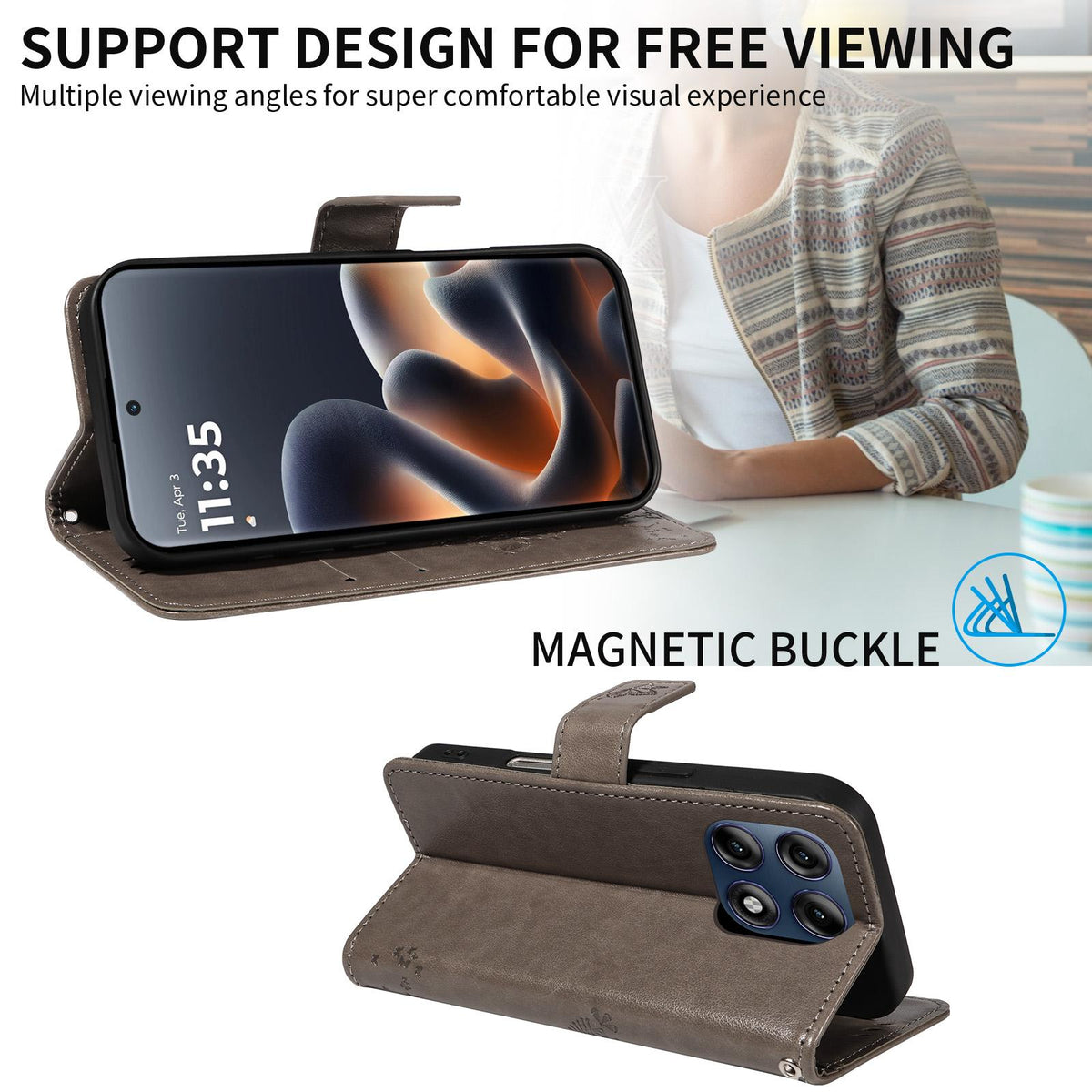 For Motorola Edge 70 Pro 5G Tree & Cat Embossed Pattern Flip Leather Phone Case - Grey - EDA006653315E