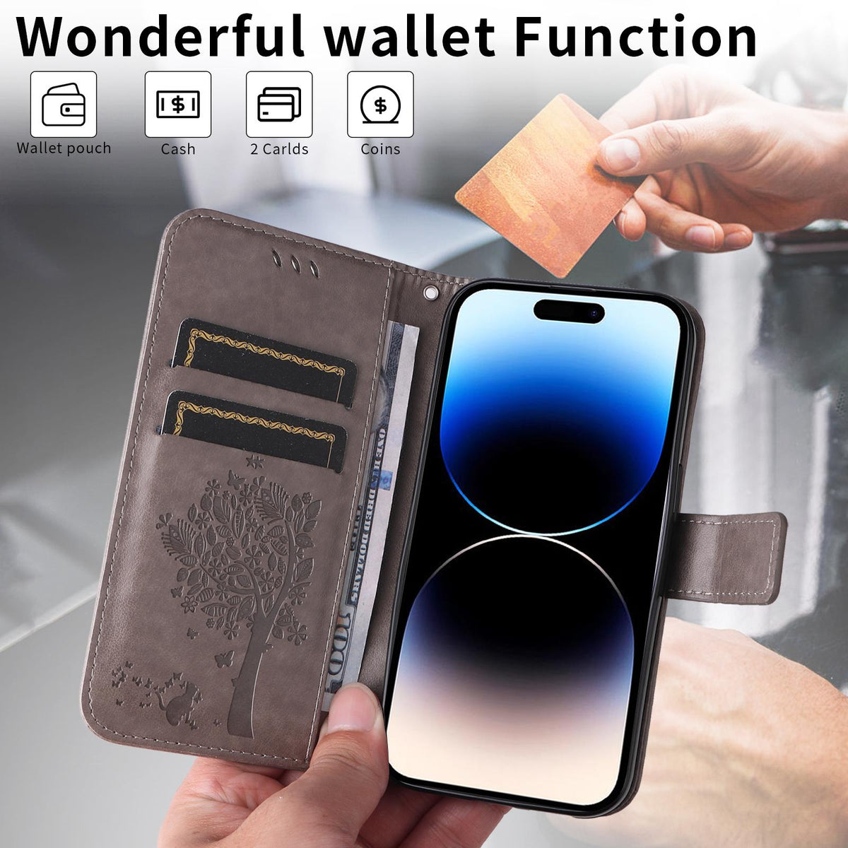 For Motorola Edge 70 Pro 5G Tree & Cat Embossed Pattern Flip Leather Phone Case - Grey - EDA006653315E