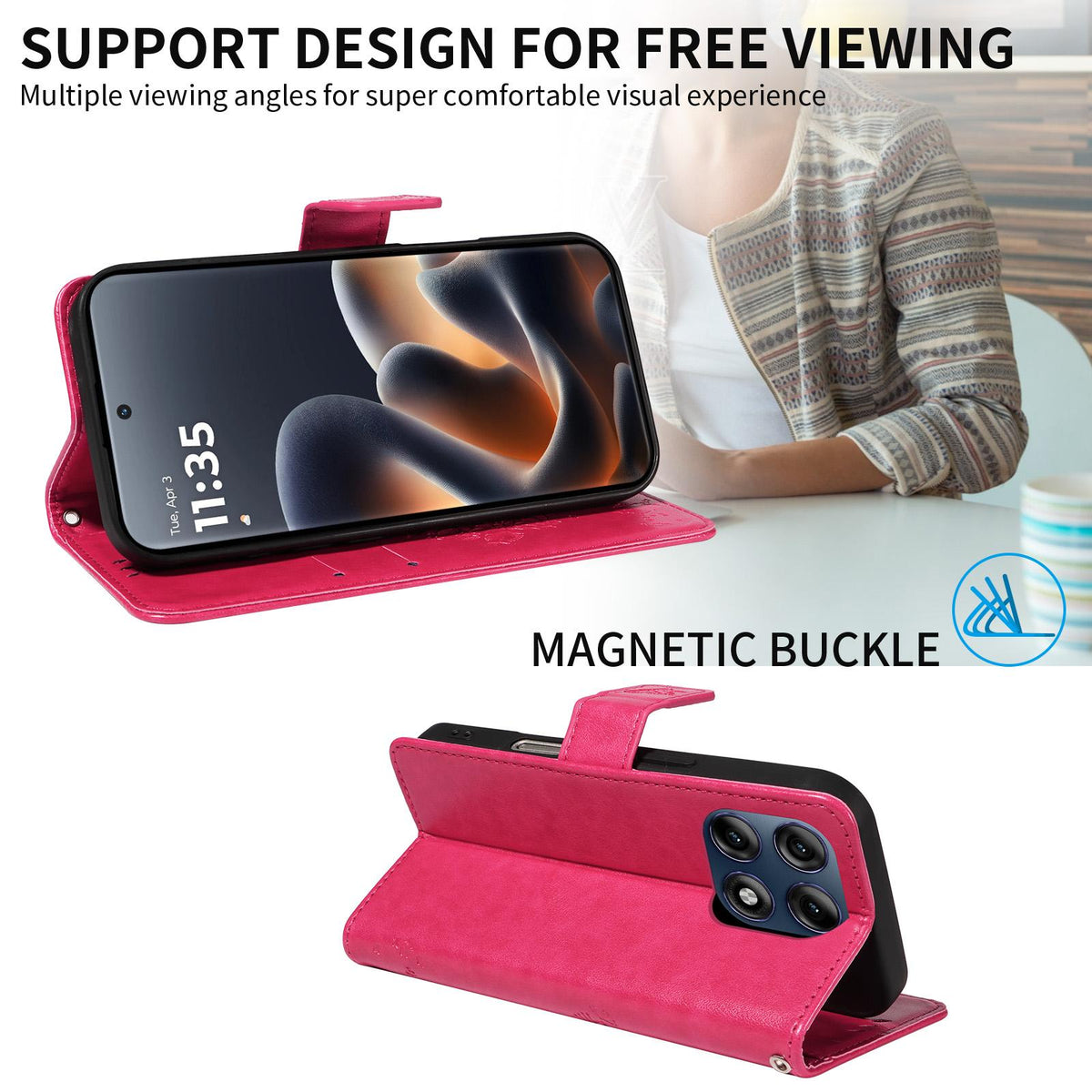 For Motorola Edge 70 Pro 5G Tree & Cat Embossed Pattern Flip Leather Phone Case - Rose Red - EDA006653315F