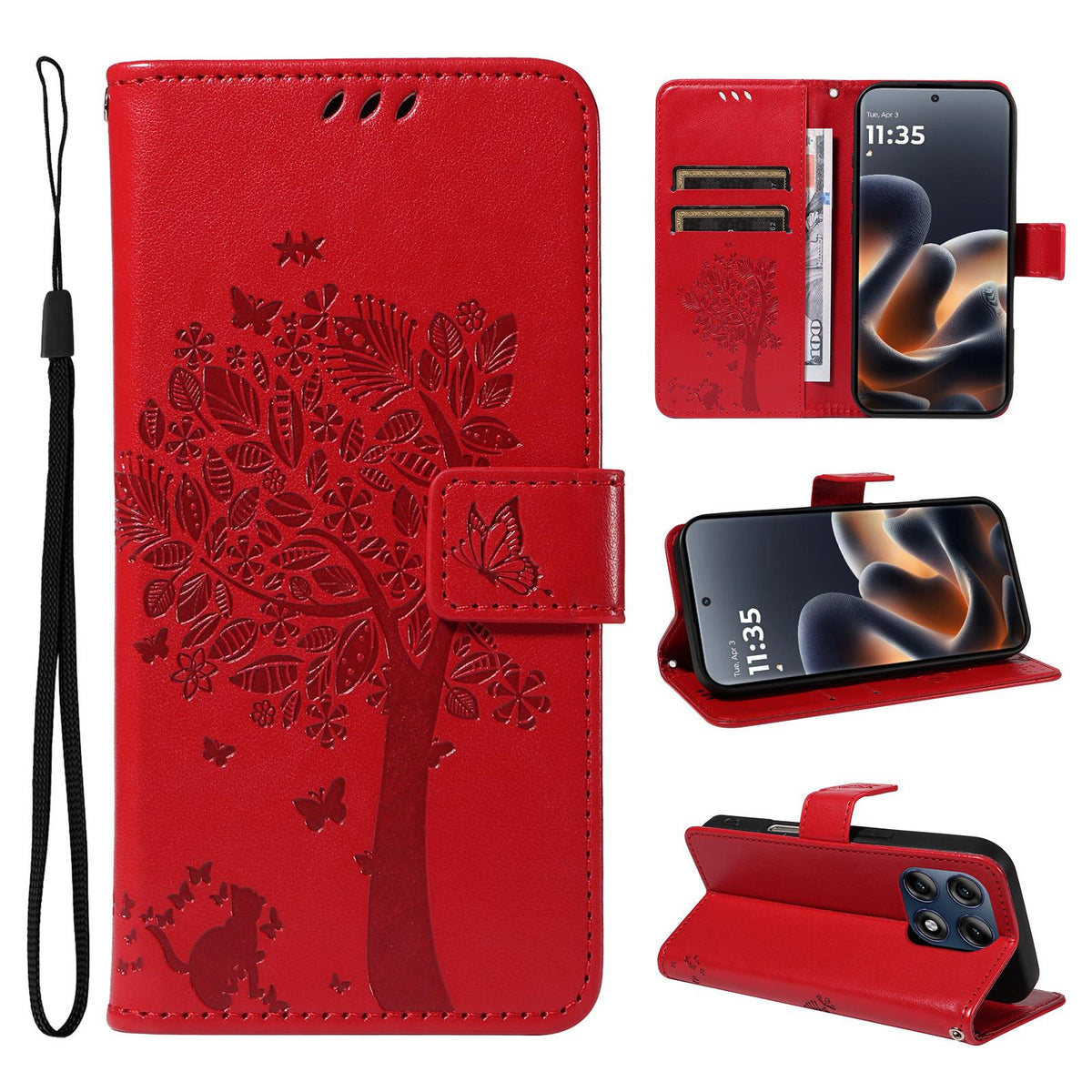 For Motorola Edge 70 Pro 5G Tree & Cat Embossed Pattern Flip Leather Phone Case - Red - EDA006653315G