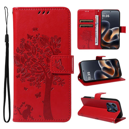 For Motorola Edge 70 Pro 5G Tree & Cat Embossed Pattern Flip Leather Phone Case - Red - EDA006653315G