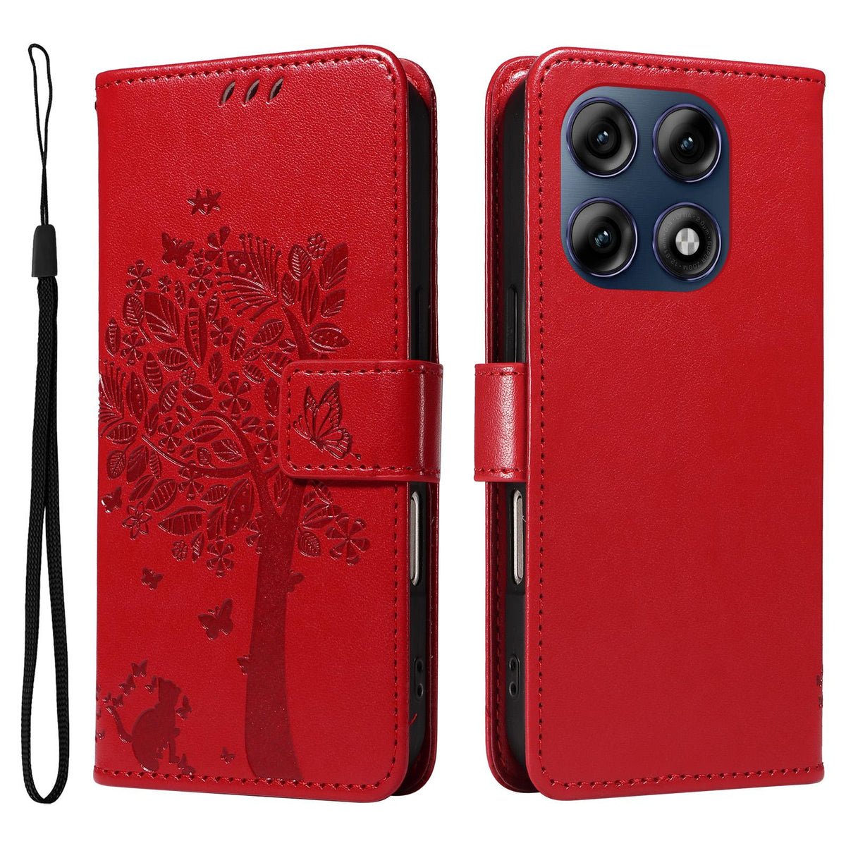 For Motorola Edge 70 Pro 5G Tree & Cat Embossed Pattern Flip Leather Phone Case - Red - EDA006653315G