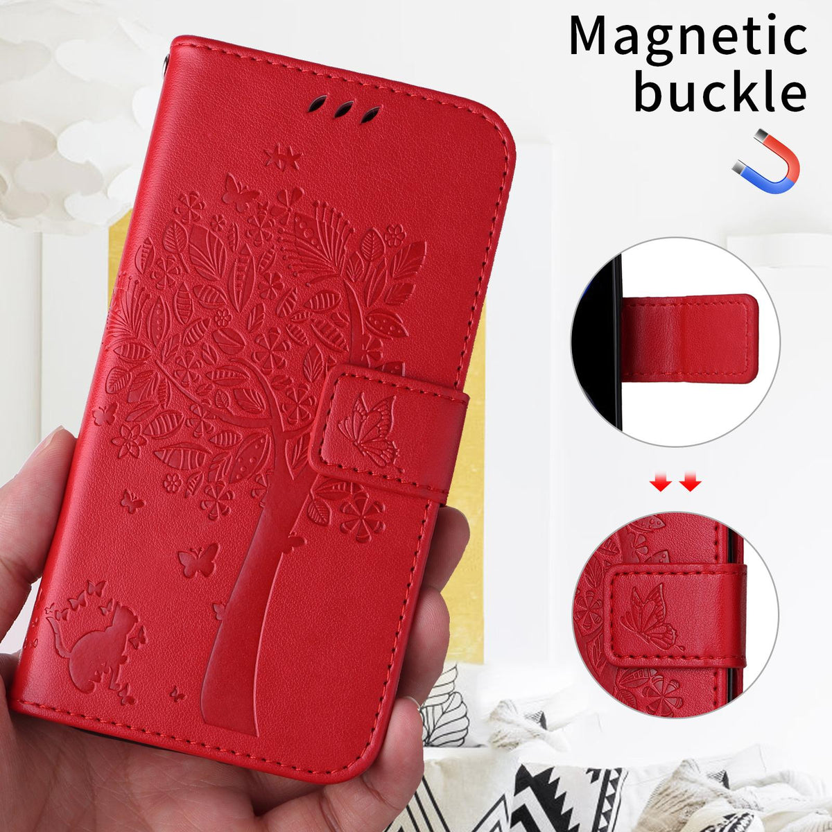 For Motorola Edge 70 Pro 5G Tree & Cat Embossed Pattern Flip Leather Phone Case - Red - EDA006653315G