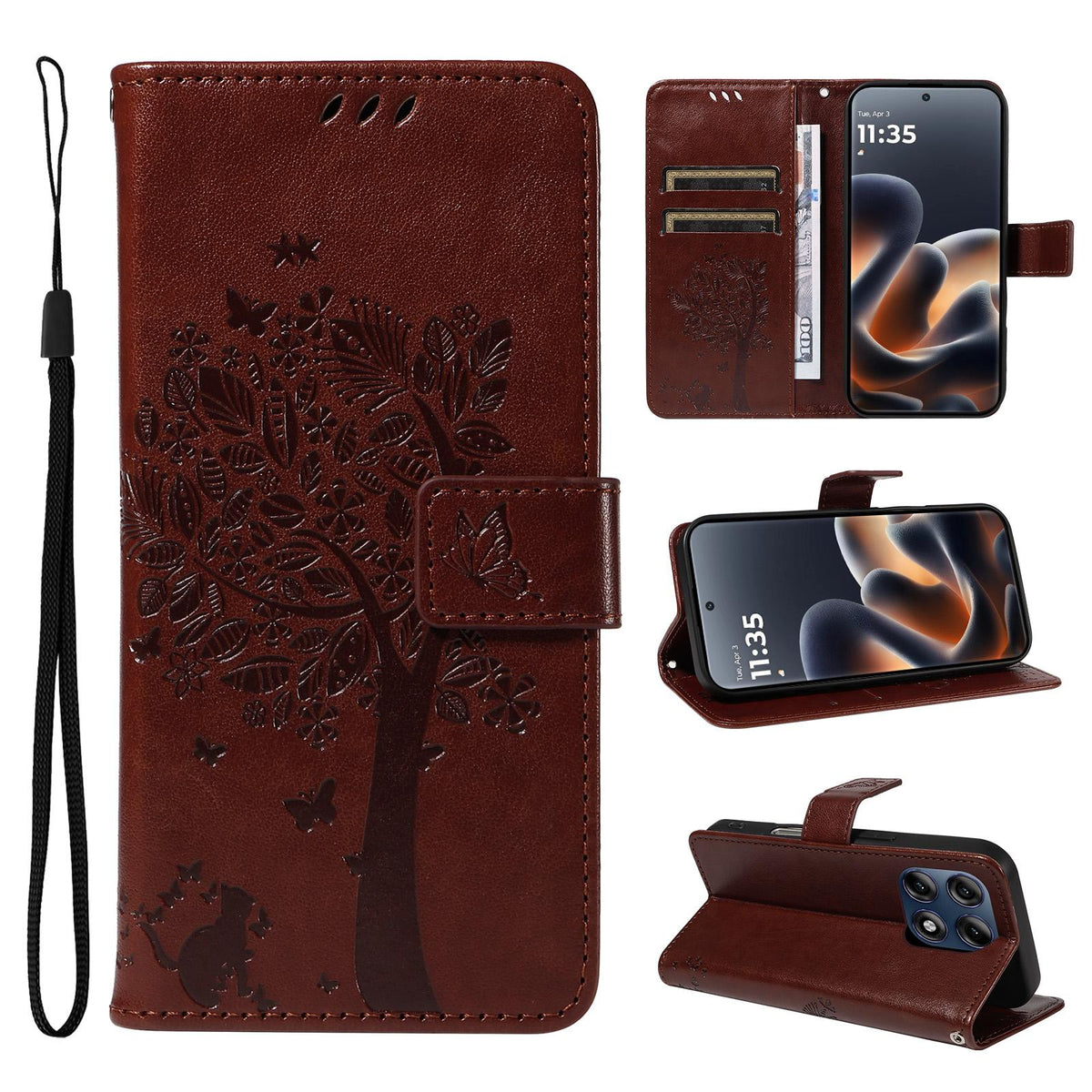 For Motorola Edge 70 Pro 5G Tree & Cat Embossed Pattern Flip Leather Phone Case - Coffee - EDA006653315H