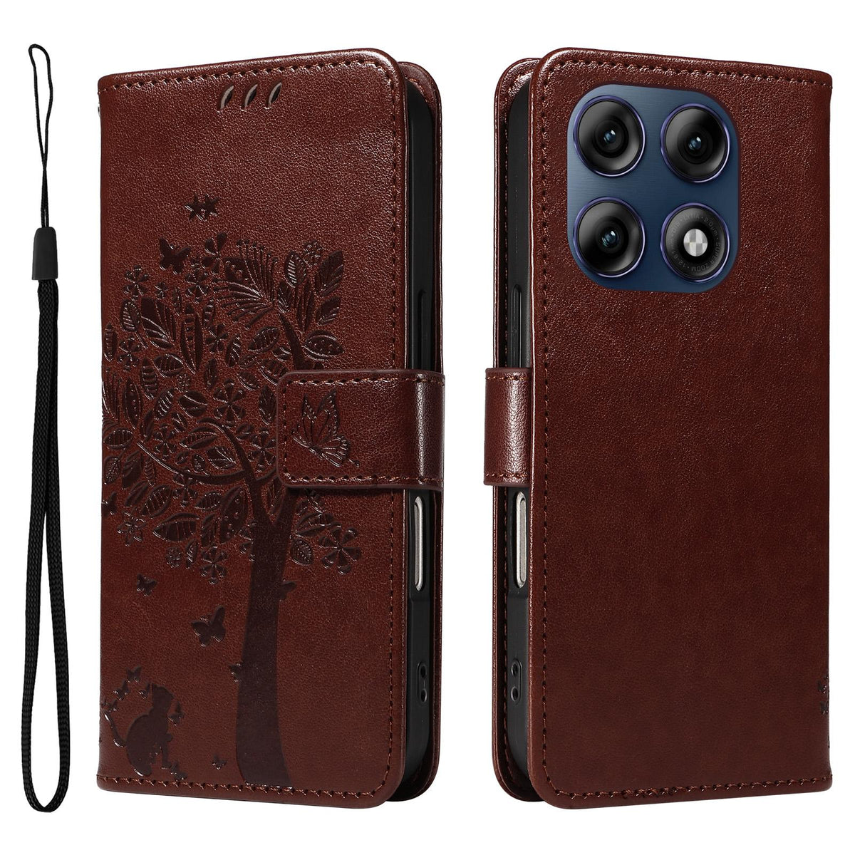 For Motorola Edge 70 Pro 5G Tree & Cat Embossed Pattern Flip Leather Phone Case - Coffee - EDA006653315H