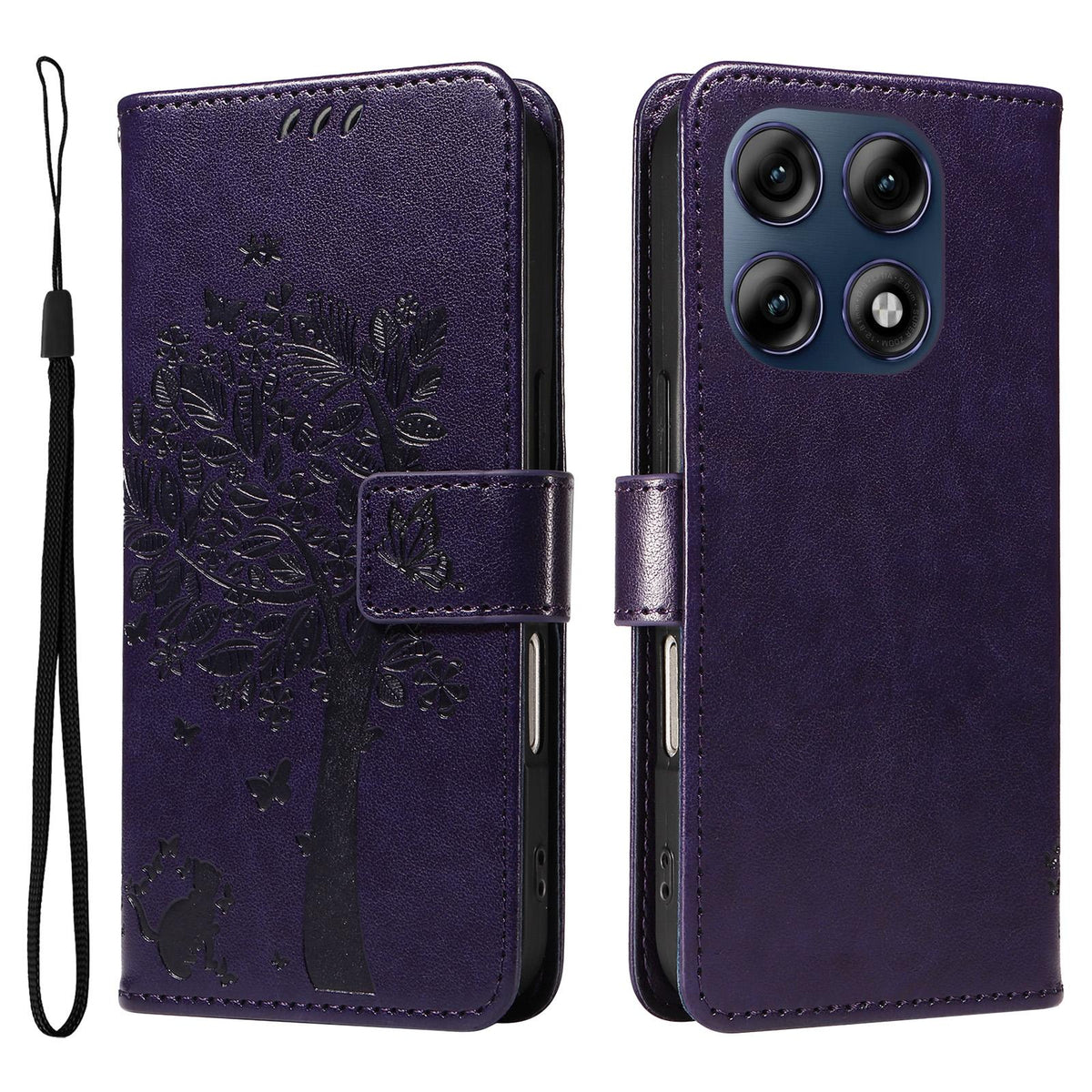 For Motorola Edge 70 Pro 5G Tree & Cat Embossed Pattern Flip Leather Phone Case - Purple - EDA006653315I