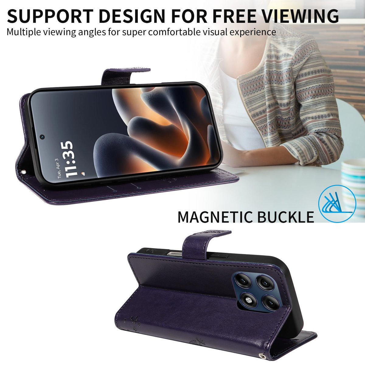 For Motorola Edge 70 Pro 5G Tree & Cat Embossed Pattern Flip Leather Phone Case - Purple - EDA006653315I