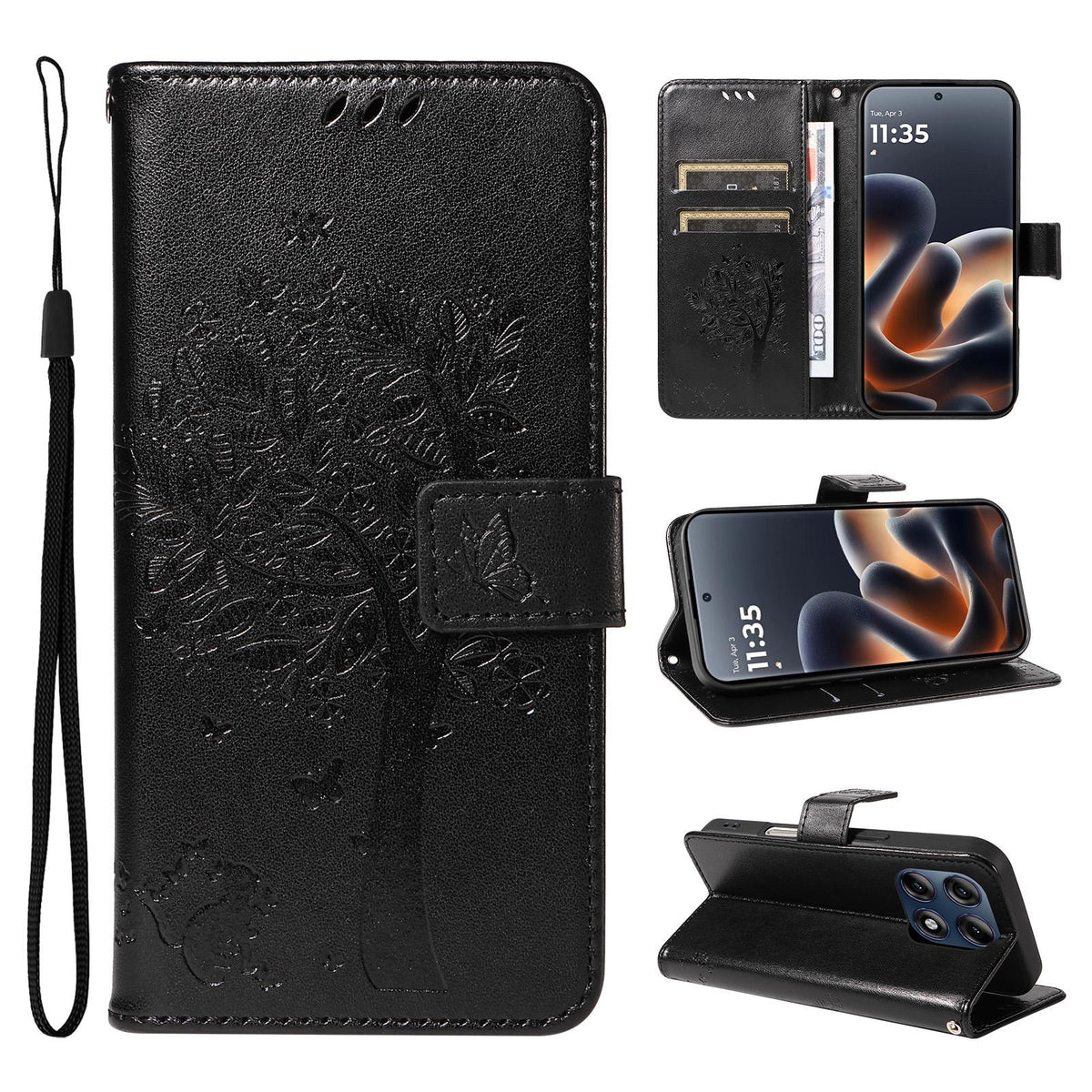 For Motorola Edge 70 Pro 5G Tree & Cat Embossed Pattern Flip Leather Phone Case - Black - EDA006653315J