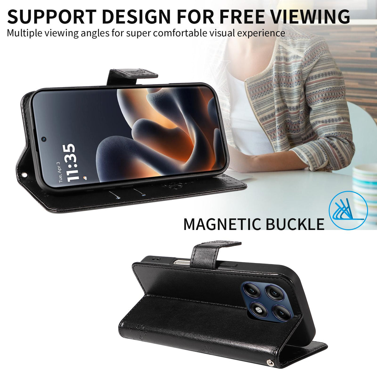 For Motorola Edge 70 Pro 5G Tree & Cat Embossed Pattern Flip Leather Phone Case - Black - EDA006653315J