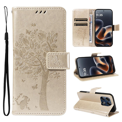 For Motorola Edge 70 Pro 5G Tree & Cat Embossed Pattern Flip Leather Phone Case - Gold - EDA006653315K