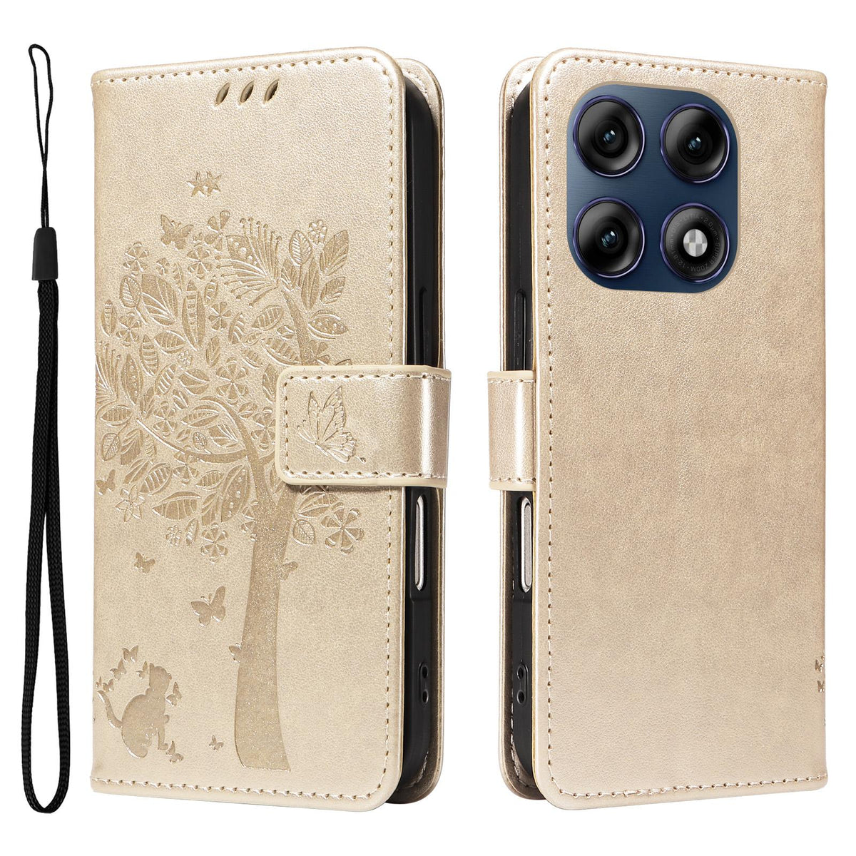 For Motorola Edge 70 Pro 5G Tree & Cat Embossed Pattern Flip Leather Phone Case - Gold - EDA006653315K