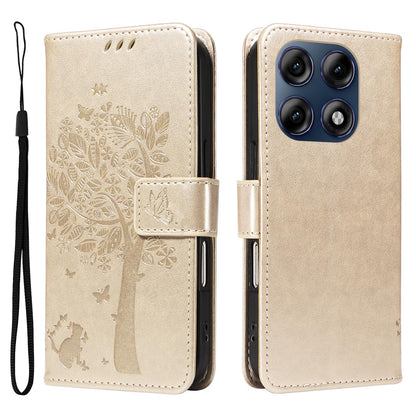 For Motorola Edge 70 Pro 5G Tree & Cat Embossed Pattern Flip Leather Phone Case - Gold - EDA006653315K