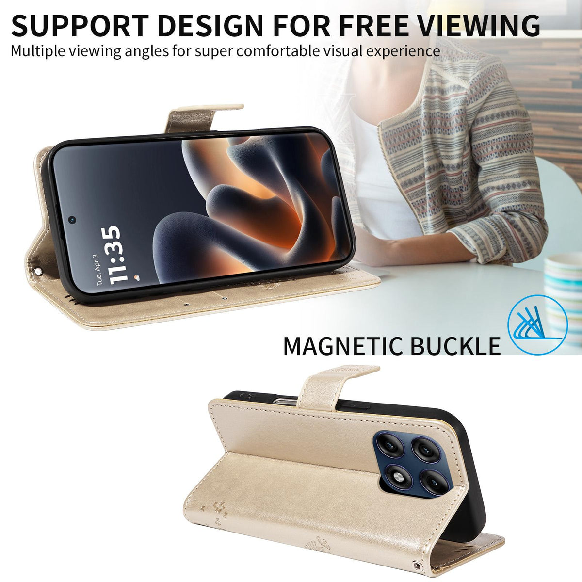 For Motorola Edge 70 Pro 5G Tree & Cat Embossed Pattern Flip Leather Phone Case - Gold - EDA006653315K