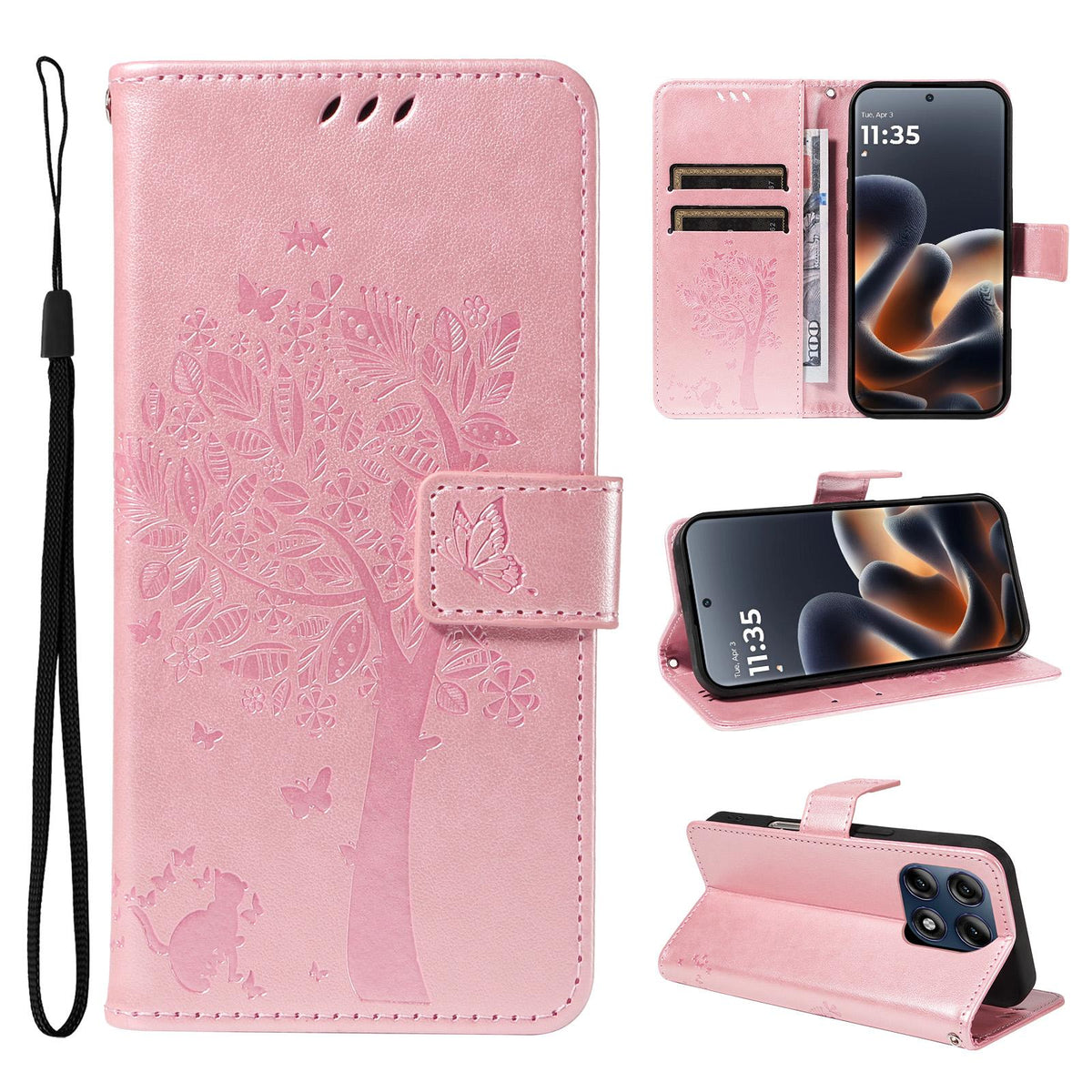 For Motorola Edge 70 Pro 5G Tree & Cat Embossed Pattern Flip Leather Phone Case - Rose Gold - EDA006653315L
