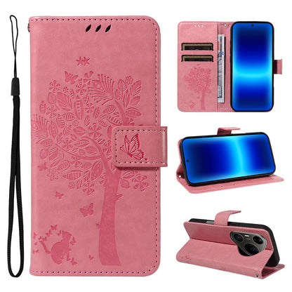 For Huawei Pura 90 Pro Max 5G Tree & Cat Embossed Pattern Flip Leather Phone Case - Pink - EDA006653609A