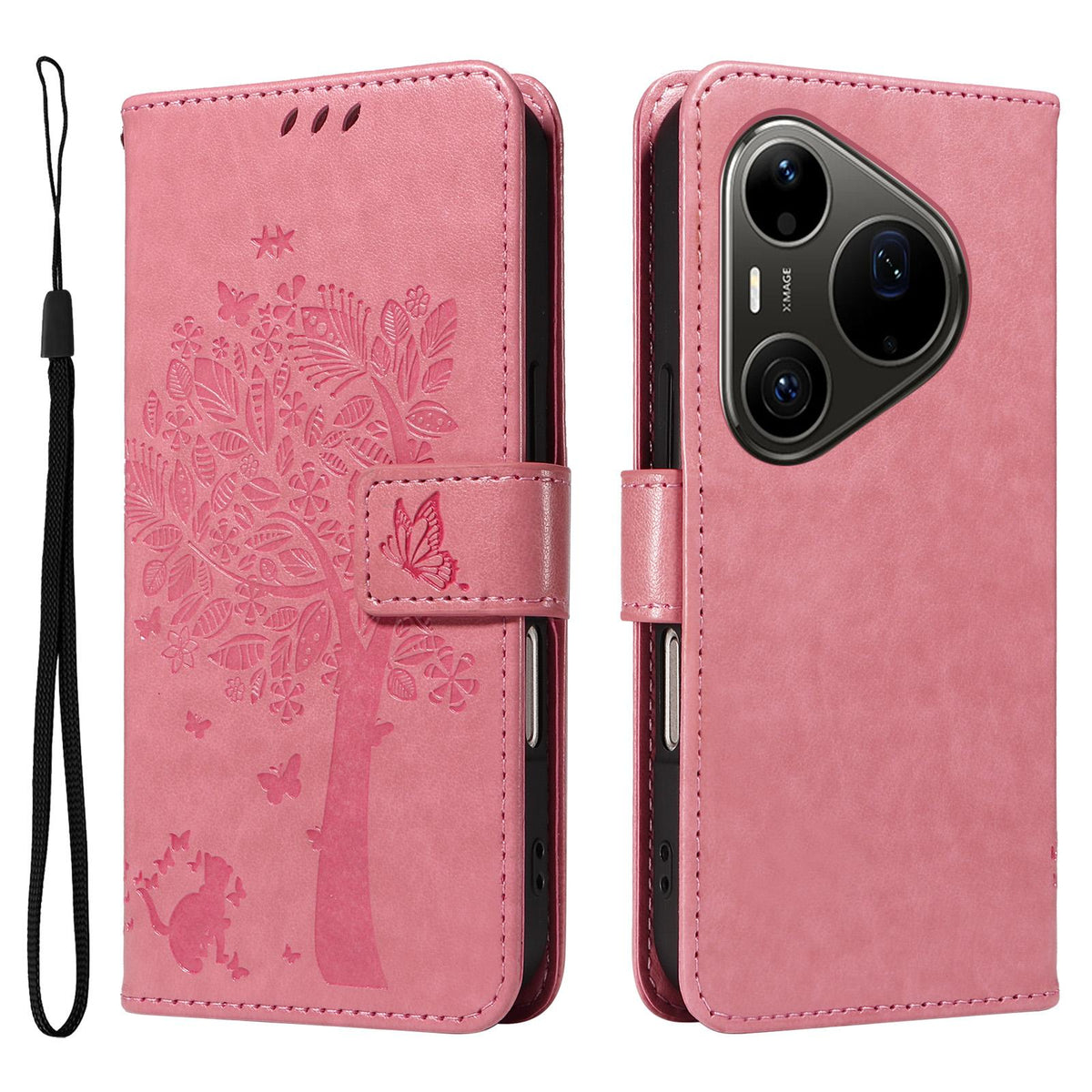 For Huawei Pura 90 Pro Max 5G Tree & Cat Embossed Pattern Flip Leather Phone Case - Pink - EDA006653609A