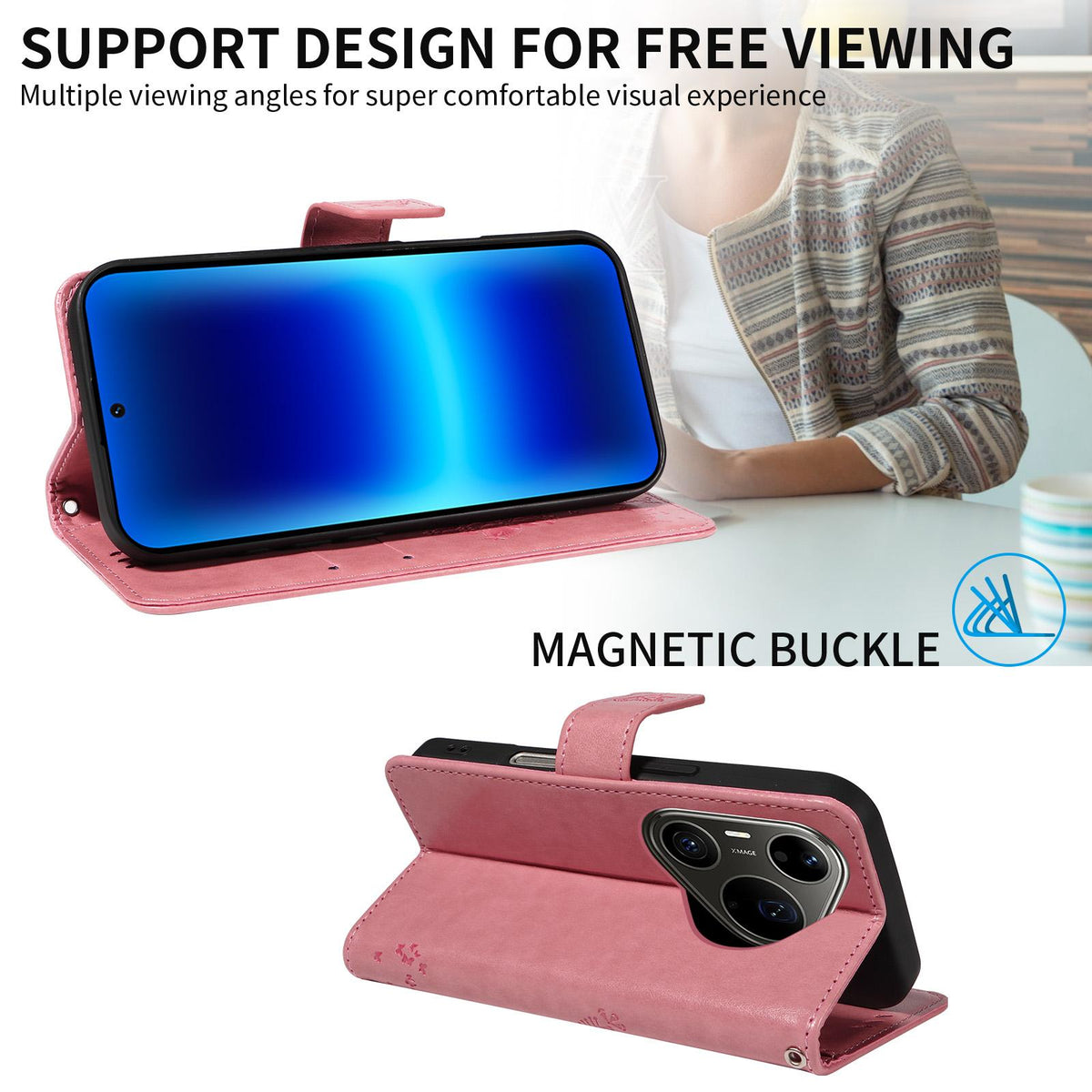 For Huawei Pura 90 Pro Max 5G Tree & Cat Embossed Pattern Flip Leather Phone Case - Pink - EDA006653609A