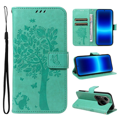 For Huawei Pura 90 Pro Max 5G Tree & Cat Embossed Pattern Flip Leather Phone Case - Green - EDA006653609B