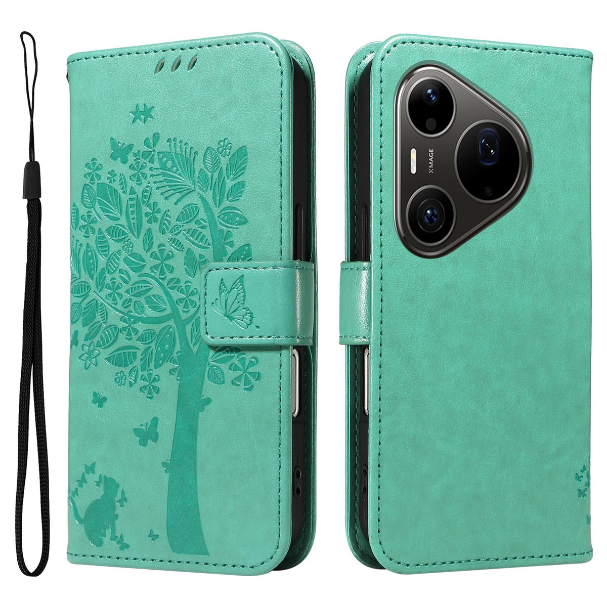 For Huawei Pura 90 Pro Max 5G Tree & Cat Embossed Pattern Flip Leather Phone Case - Green - EDA006653609B