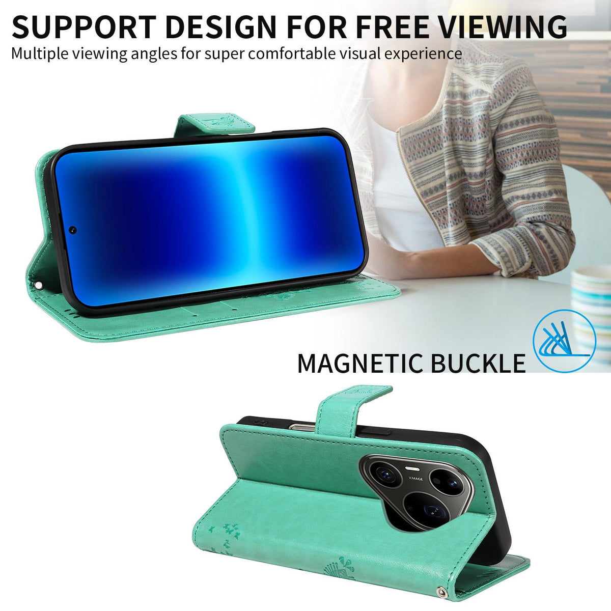 For Huawei Pura 90 Pro Max 5G Tree & Cat Embossed Pattern Flip Leather Phone Case - Green - EDA006653609B