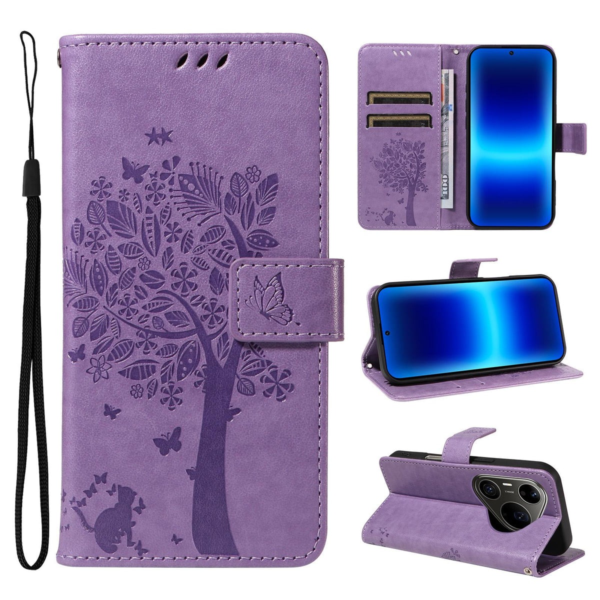 For Huawei Pura 90 Pro Max 5G Tree & Cat Embossed Pattern Flip Leather Phone Case - Light Purple - EDA006653609C