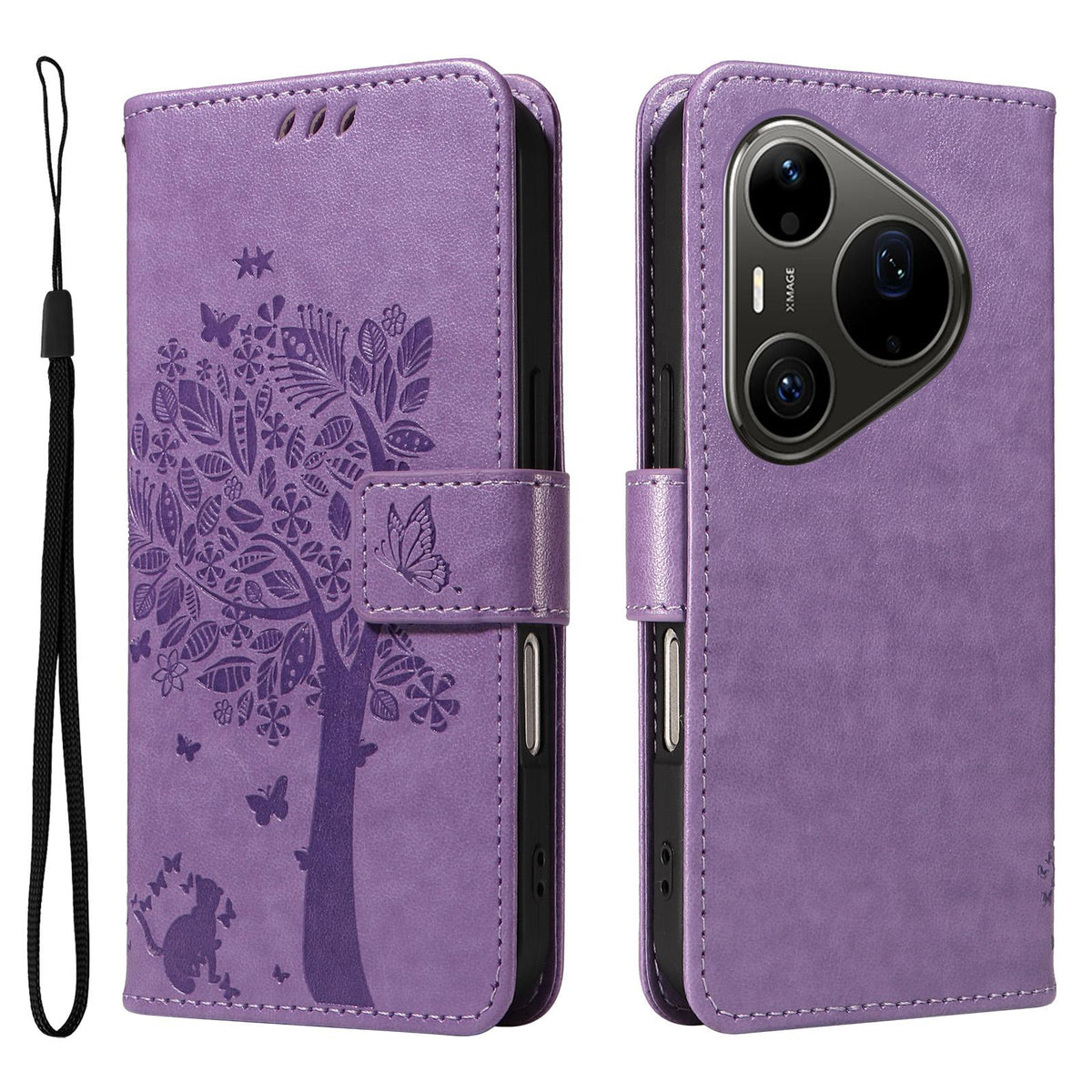 For Huawei Pura 90 Pro Max 5G Tree & Cat Embossed Pattern Flip Leather Phone Case - Light Purple - EDA006653609C