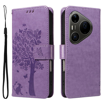 For Huawei Pura 90 Pro Max 5G Tree & Cat Embossed Pattern Flip Leather Phone Case - Light Purple - EDA006653609C