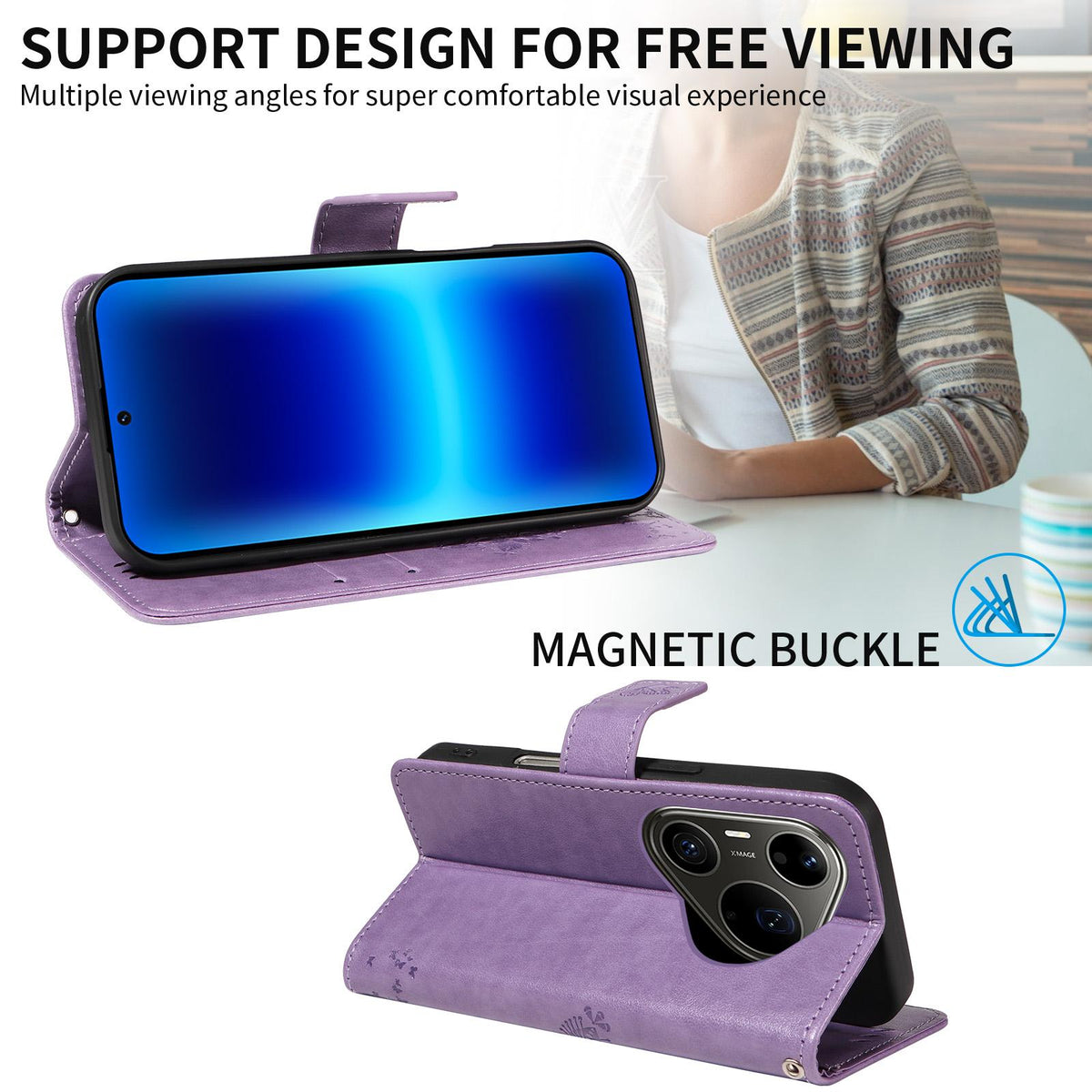 For Huawei Pura 90 Pro Max 5G Tree & Cat Embossed Pattern Flip Leather Phone Case - Light Purple - EDA006653609C