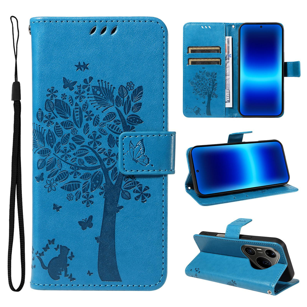 For Huawei Pura 90 Pro Max 5G Tree & Cat Embossed Pattern Flip Leather Phone Case - Blue - EDA006653609D