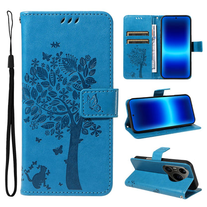 For Huawei Pura 90 Pro Max 5G Tree & Cat Embossed Pattern Flip Leather Phone Case - Blue - EDA006653609D
