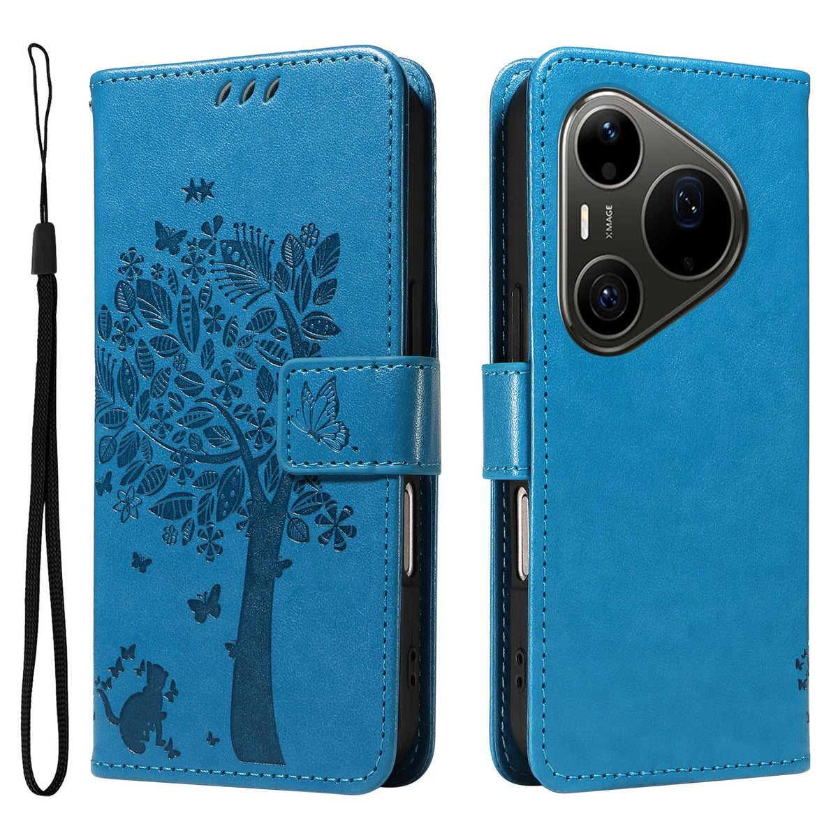 For Huawei Pura 90 Pro Max 5G Tree & Cat Embossed Pattern Flip Leather Phone Case - Blue - EDA006653609D